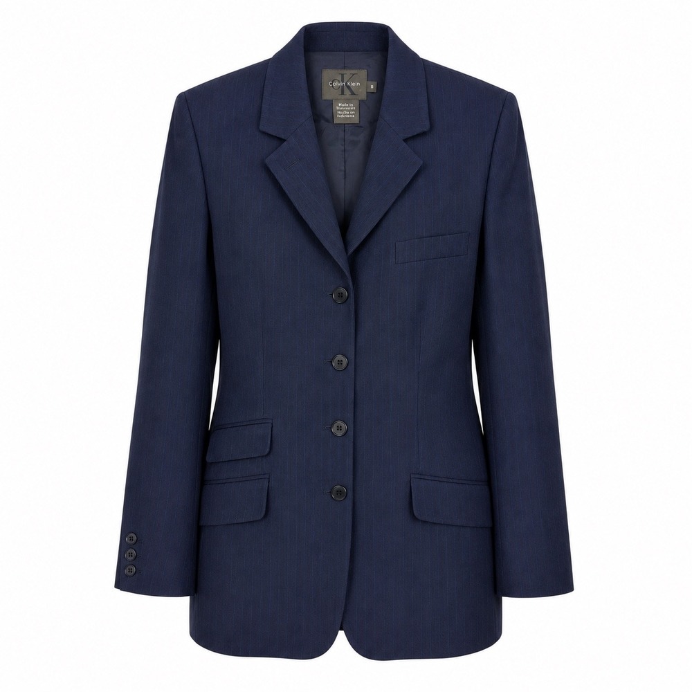 Calvin Klein Blazer 12 Navy Blue Pinstripe Wool Cashmere Italian Academia Suit